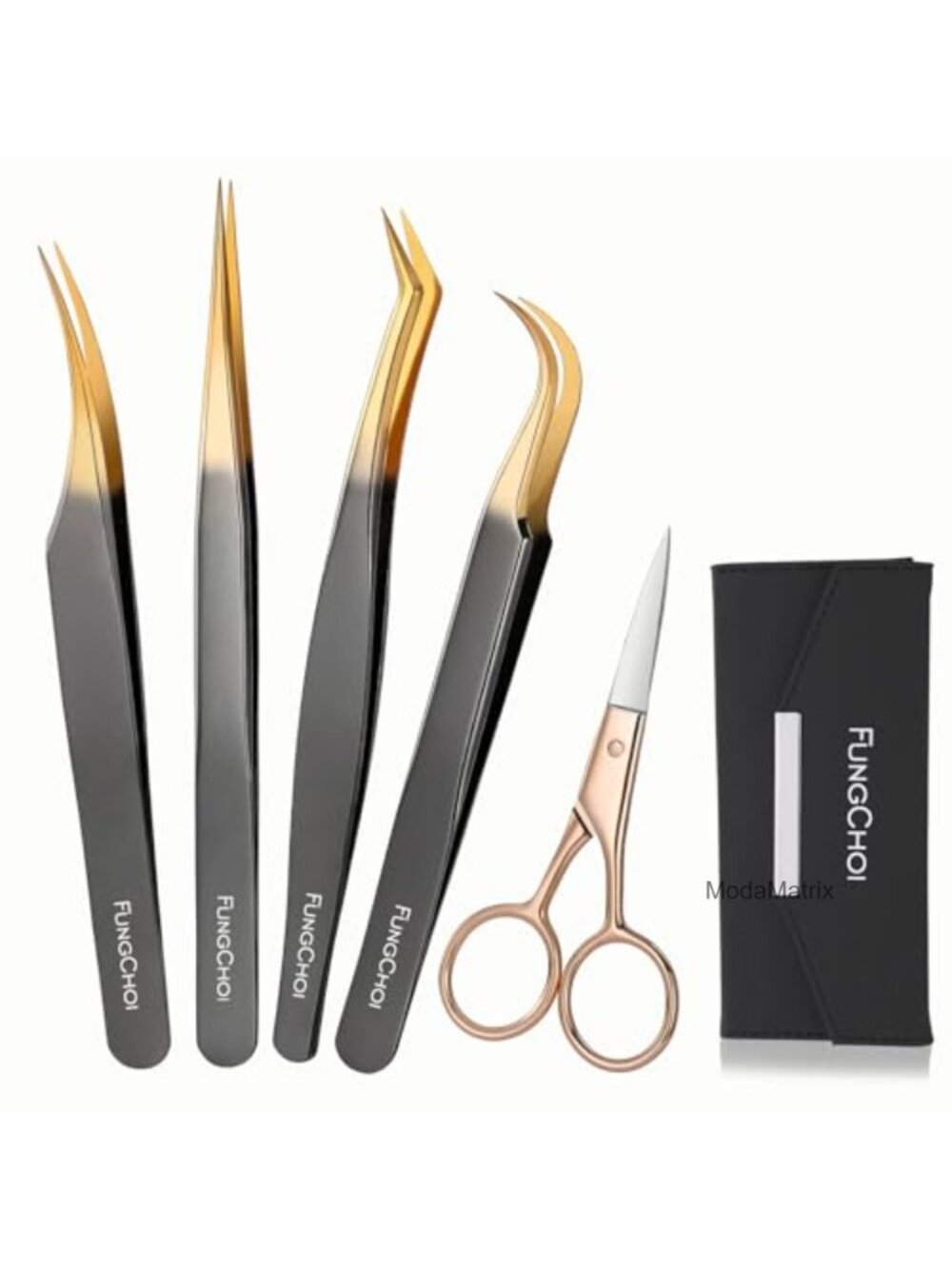 5Pc Precision Eyelash Extension Tweezers Scissors Set with Case